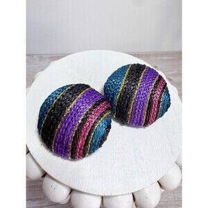 Vintage Large Button Clip On Earrings Rainbow Colorful Woven Thread Retro